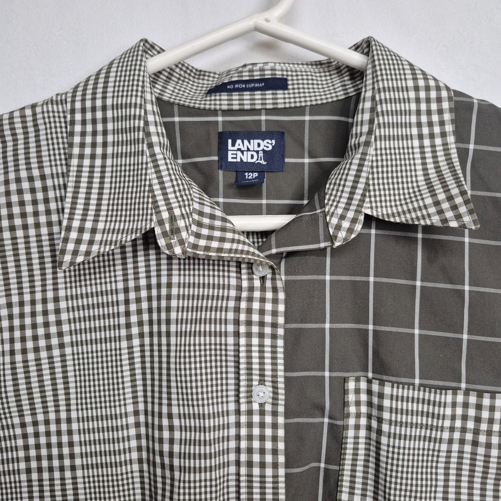 Lands End No Iron Supima Cotton Mixed Plaid Button Down Shirt Olive Green 12P - Picture 2 of 8